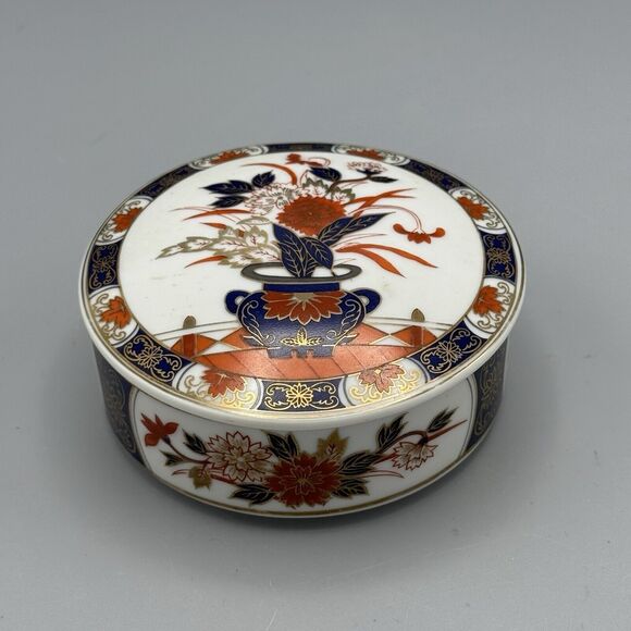 Vtg 4" Rnd Trinket Box Gold Trim Flower Pot Porcelain Inlay Imari Japan Unmarked - Picture 7 of 9
